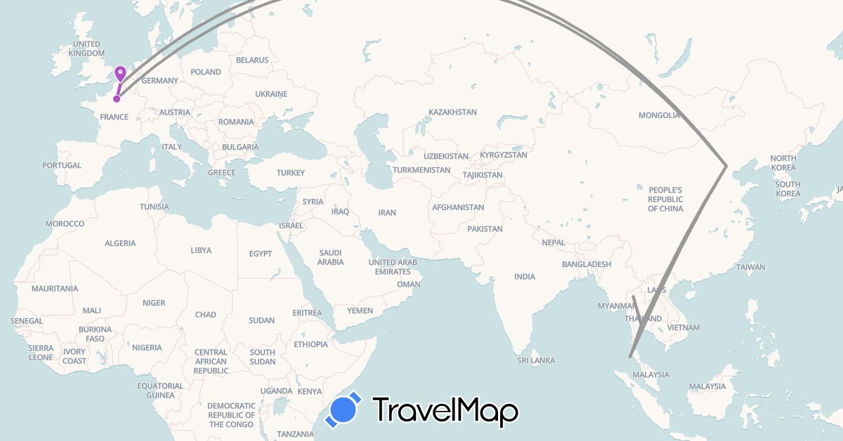 TravelMap itinerary: plane, train in China, France, Thailand (Asia, Europe)