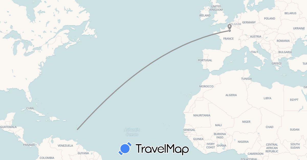 TravelMap itinerary: driving, plane in France, Martinique (Europe, North America)