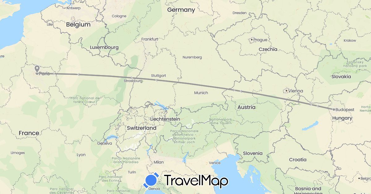 TravelMap itinerary: driving, plane in France, Hungary (Europe)