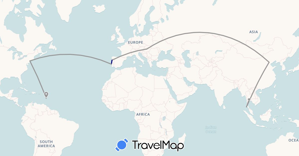 TravelMap itinerary: driving, plane in China, Guadeloupe, Hungary, Martinique, Portugal, Thailand, United States (Asia, Europe, North America)